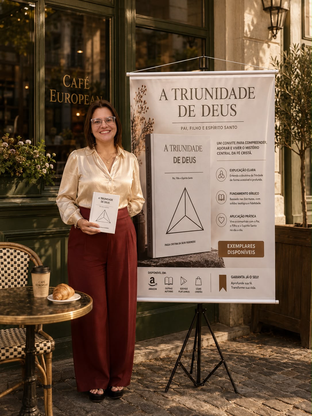 Paula Cristina segurando o livro A Triunidade de Deus